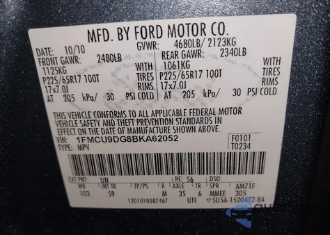 2011 Ford Escape Xlt z USA, uszkodzony, nr VIN 1FMCU9DG8BKA62052